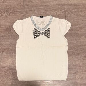 Moschino Women’s White Top with Sparkly Silver Neckline and Ribbon Detail